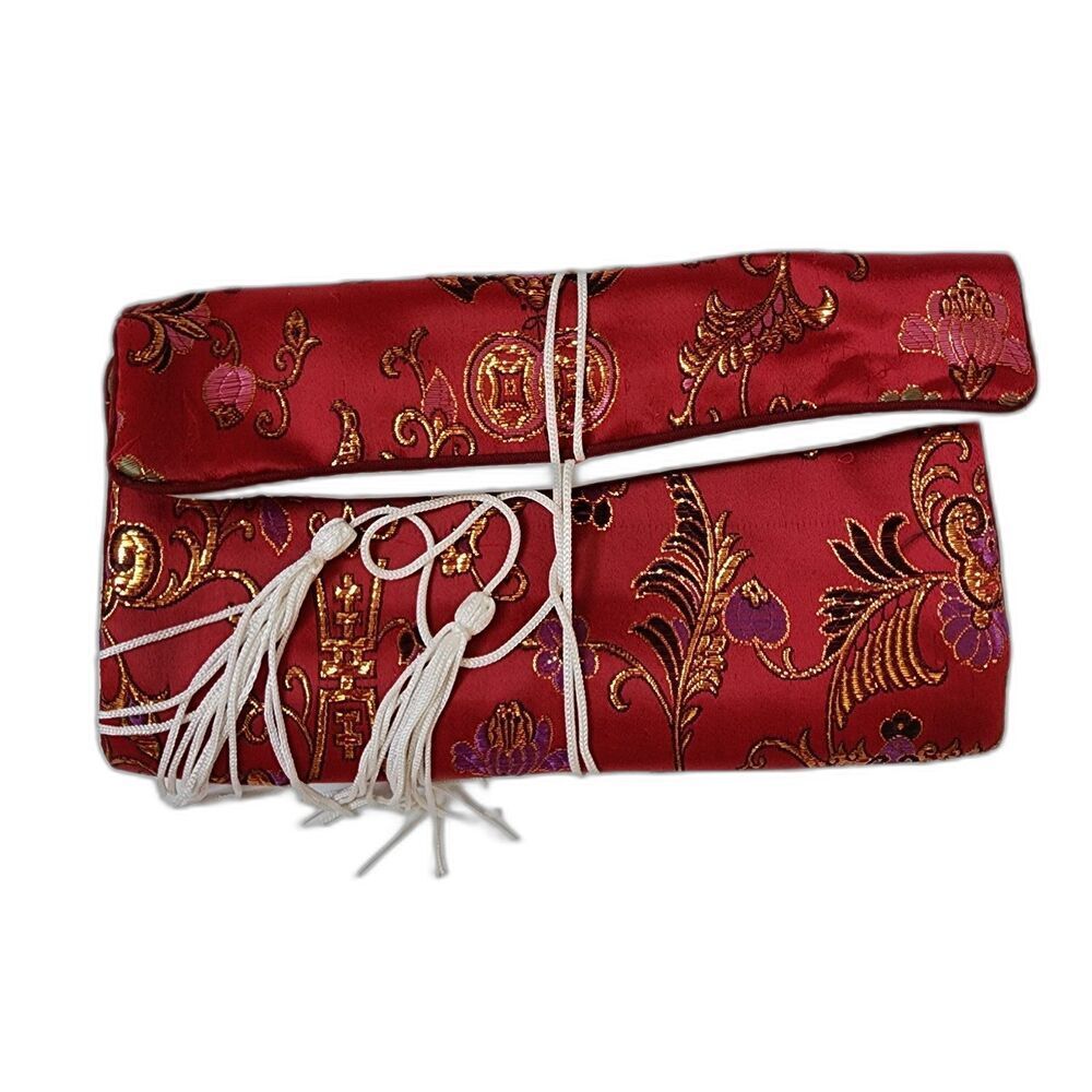 Vintage Oriental Silk Brocade Jewelry Travel Roll Case Zippered Pockets